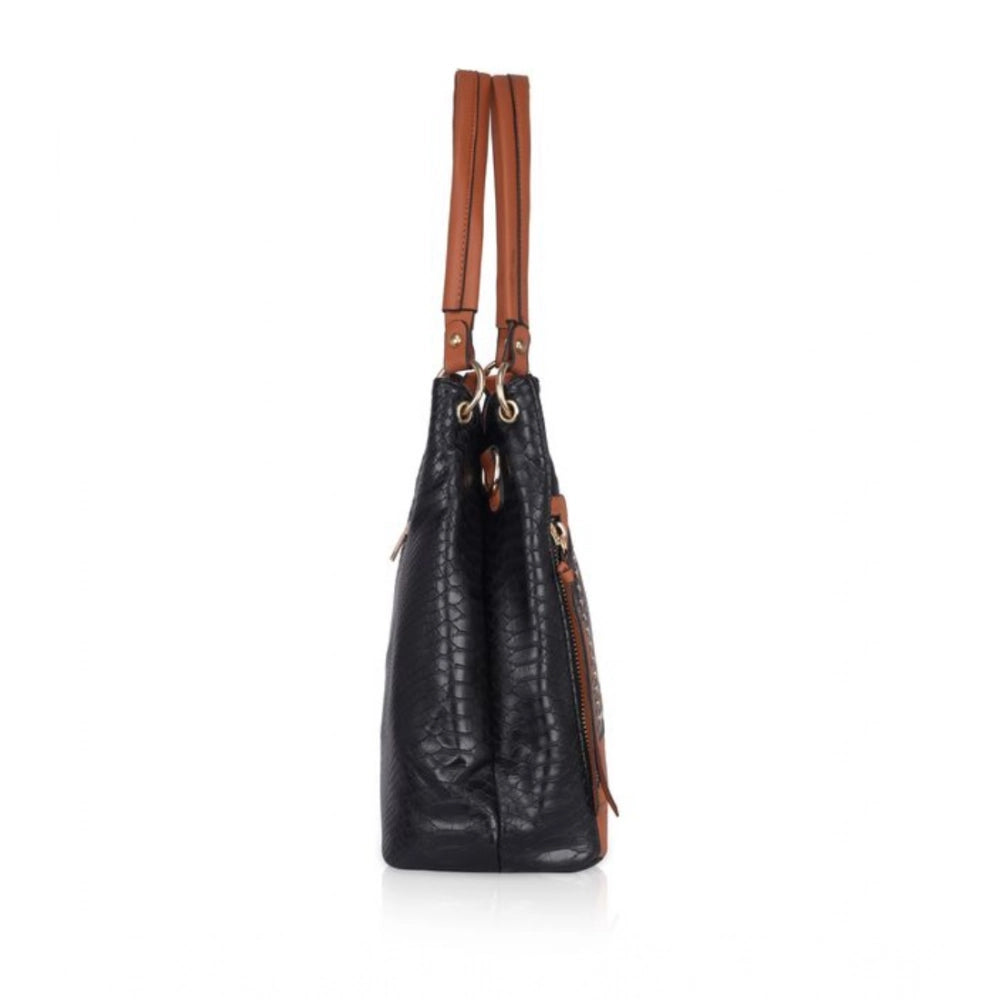 Generic Women's Faux Leather Textured Tote Bag (Black)