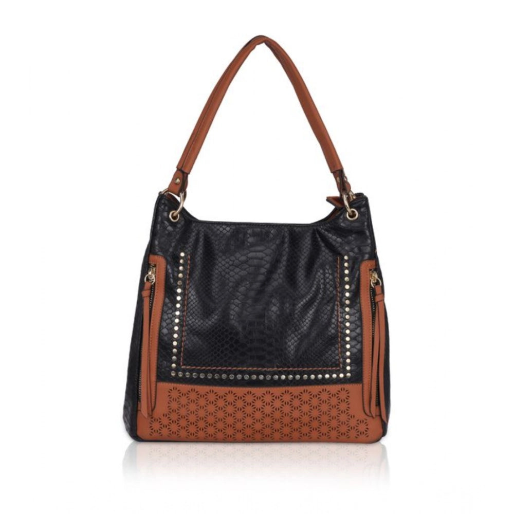 Generic Women's Faux Leather Textured Tote Bag (Black)