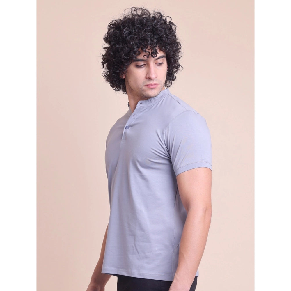 Generic Men's Casual Cotton Solid Half Sleeve Mandarin Collar T-Shirt (Teegrey)