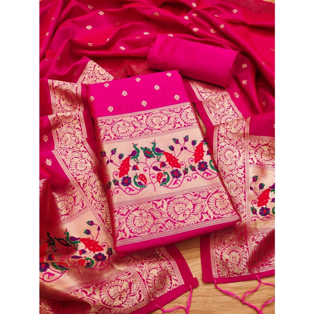 Generic Women's Banarasi Silk Printed Unstitched Salwar Suit Material With Dupatta (Pink, 3Mtrs)