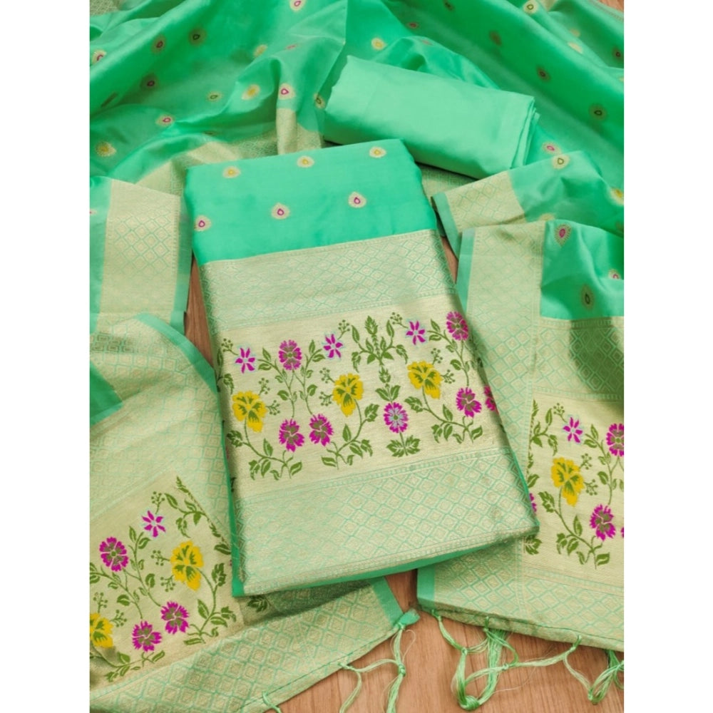 Generic Women's Banarasi Silk Printed Unstitched Salwar Suit Material With Dupatta (Sea Green, 3Mtrs)