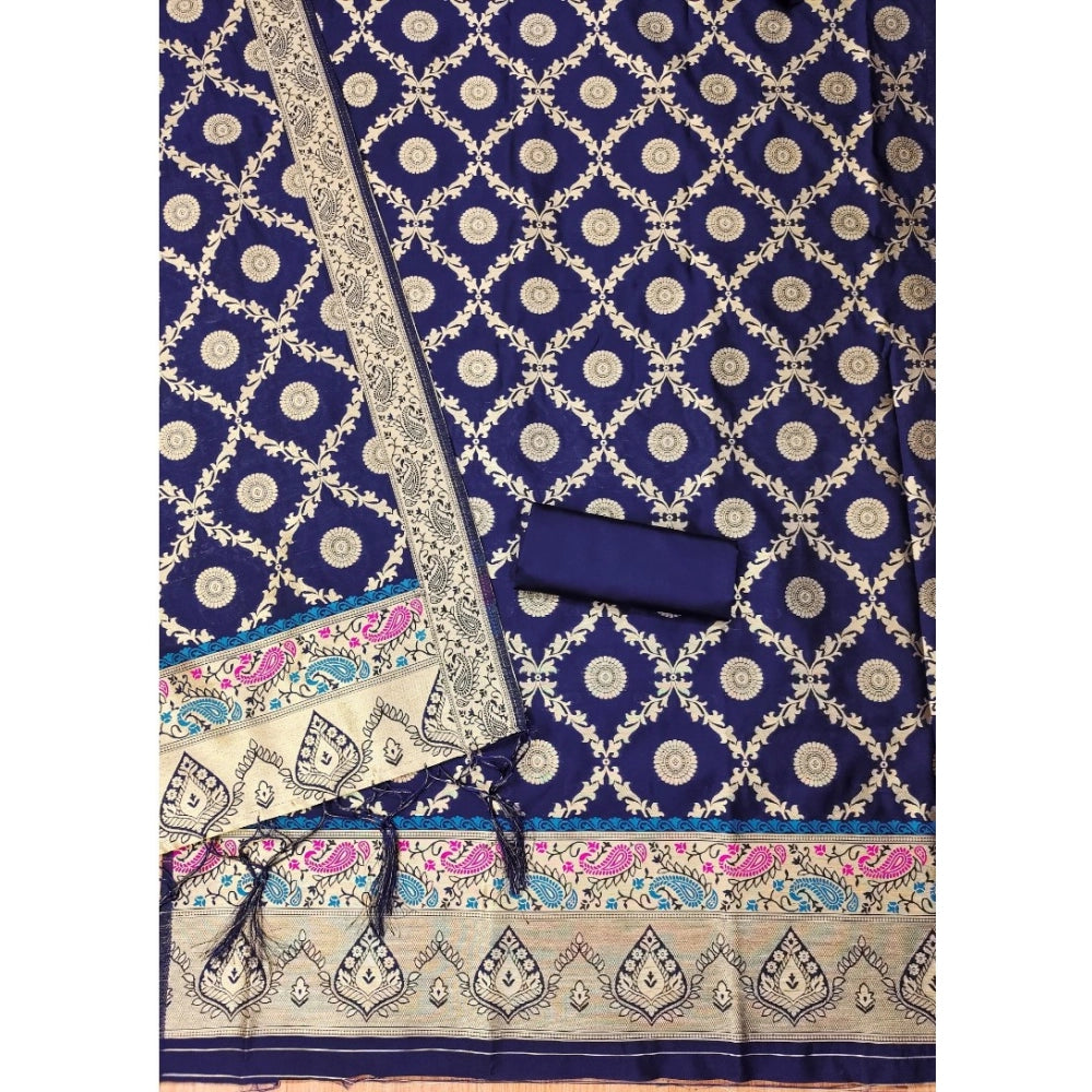 Generic Women's Banarasi Silk Printed Unstitched Salwar Suit Material With Dupatta (Navy Blue, 3Mtrs)