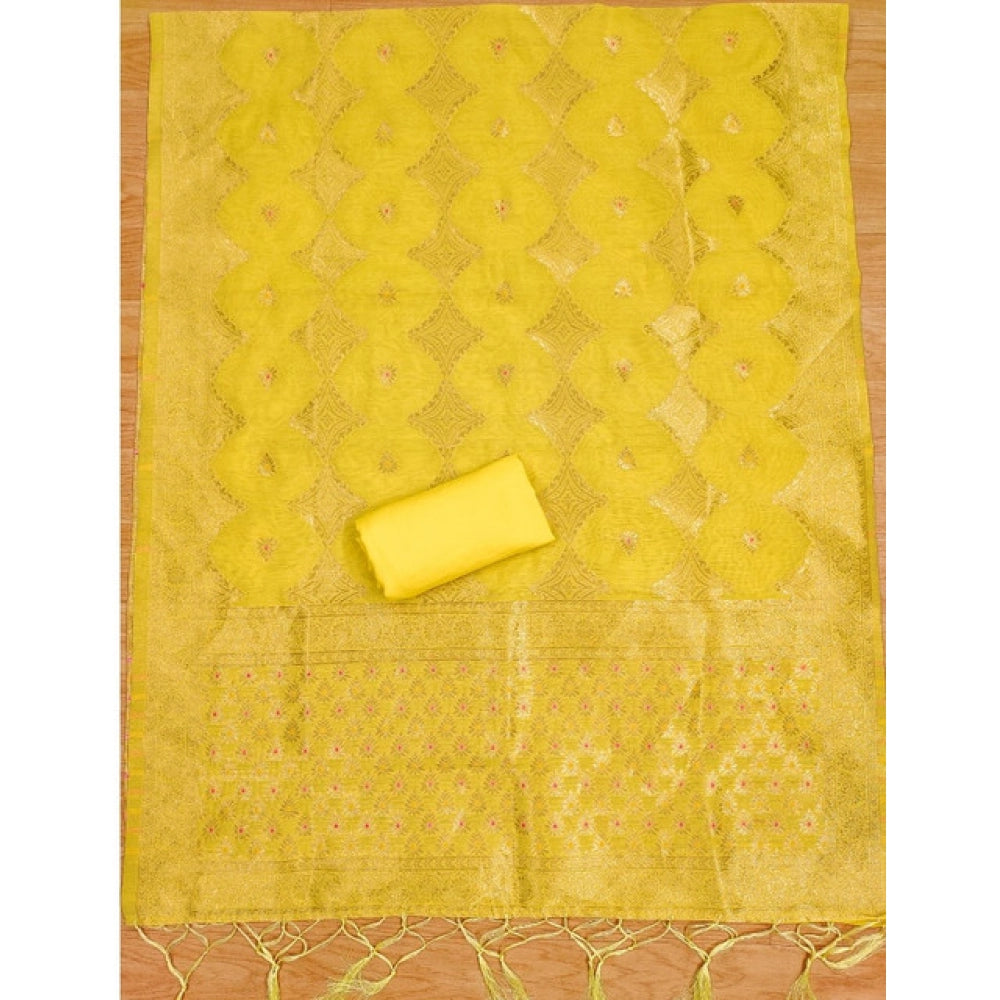 Generic Women's Banarasi Silk Printed Unstitched Salwar Suit Material With Dupatta (Yellow, 3Mtrs)