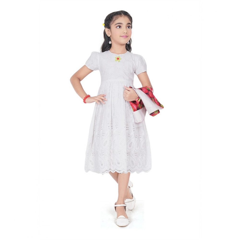 Generic Girl's Heavy Chicken Printed Short Sleeve Round Neck Dress (White)