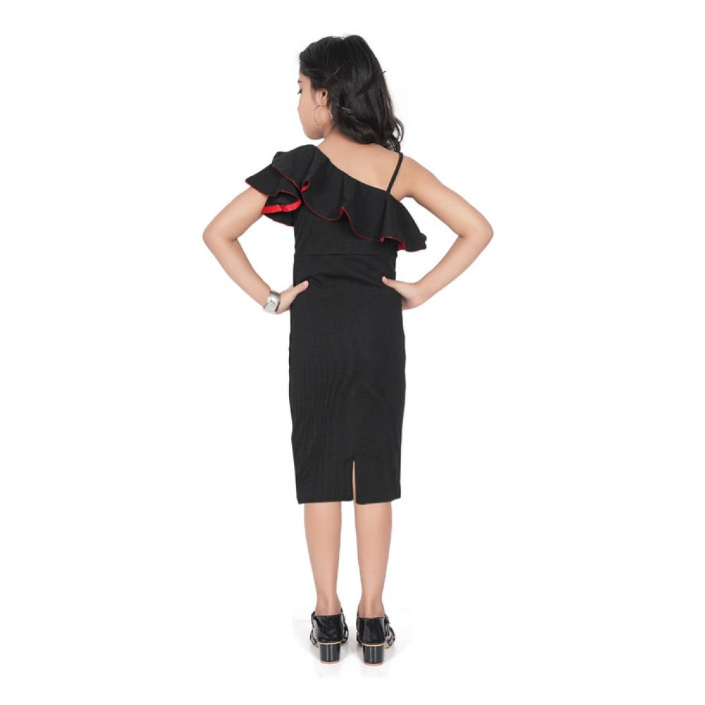 Generic Girl's Knitted Soild Sleeve Less Off Shoulder Dress (Black)