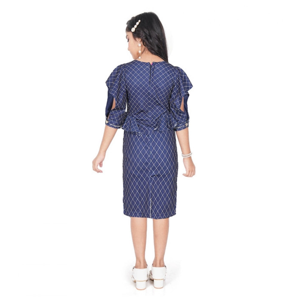 Generic Girl's Knitted Striped Short Sleeve Round Neck Dress (Navy Blue)