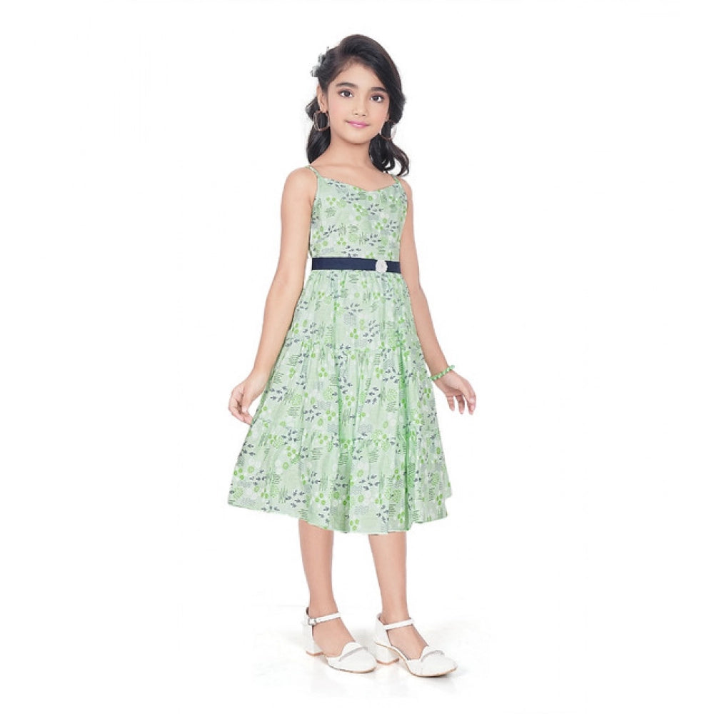 Generic Girl's Cotton Slub Printed Sleeve Less Round Neck Dress (Sea Green)